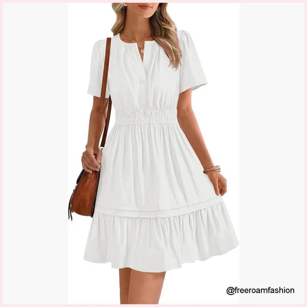 V-Neck Ruffle A-Line Mini Dress with Pockets, Casual Boho Summer Sundress